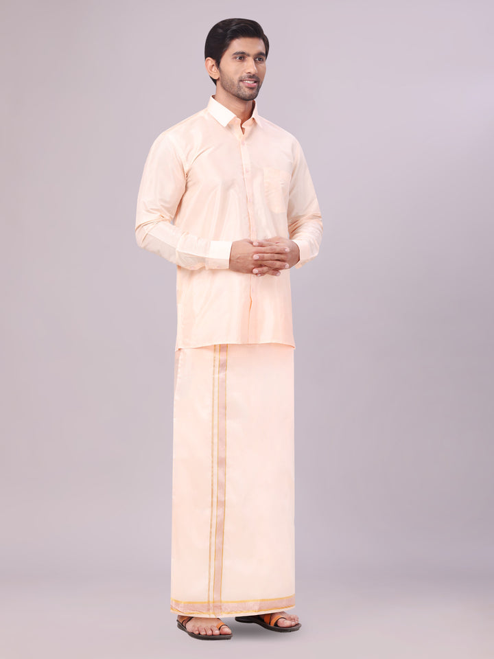 Mens Art Silk Light Peach Full Sleeves Shirt with Gold Jari Border Dhoti & Towel Combo Blush