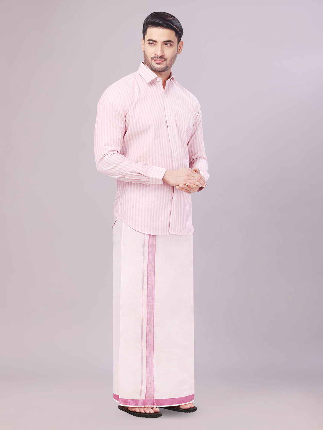 Men's Tissue Stripes Rose Shirt with Plain Jari Border Dhoti Wedding Combo Carter side pose