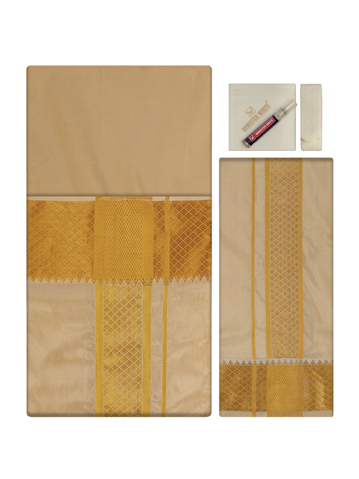Mens Art Silk Fawn Gold Full Sleeves Shirt with 3"  Gold Jari Border & Towel Dhoti Combo Mangal