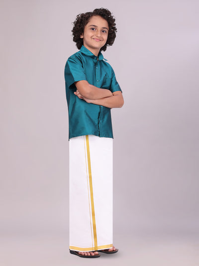 Boys Art Silk Aqua Blue Half Sleeves Shirt with Gold Jari Flexi Dhoti Towel Combo side pose