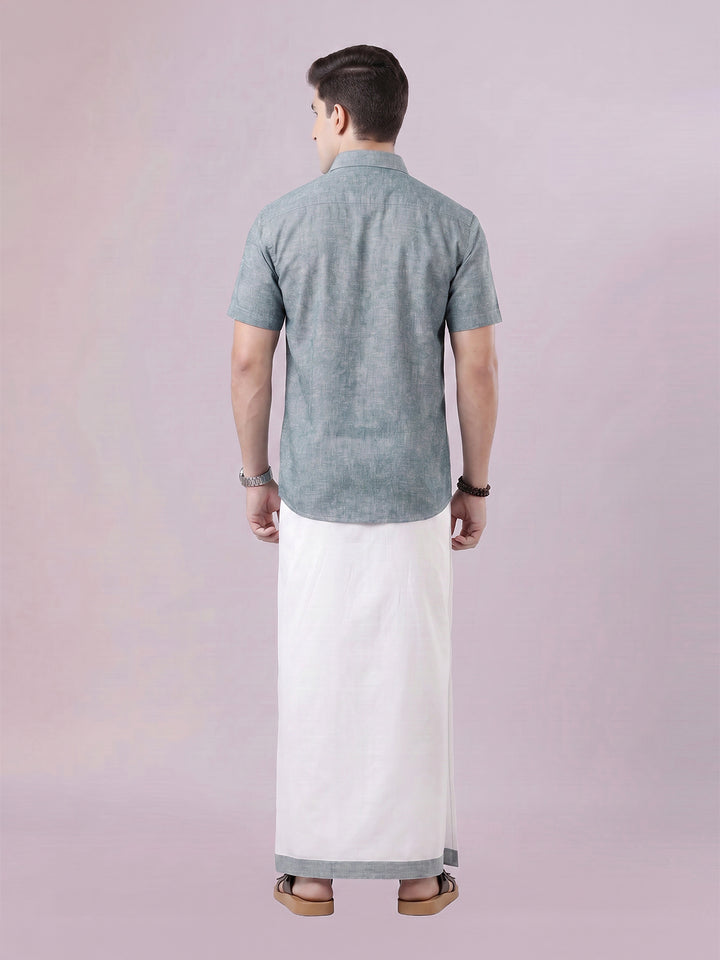 Men's Emerald Color Digital Printed Shirt with Matching Printed Border Dhoti Combo Varnam