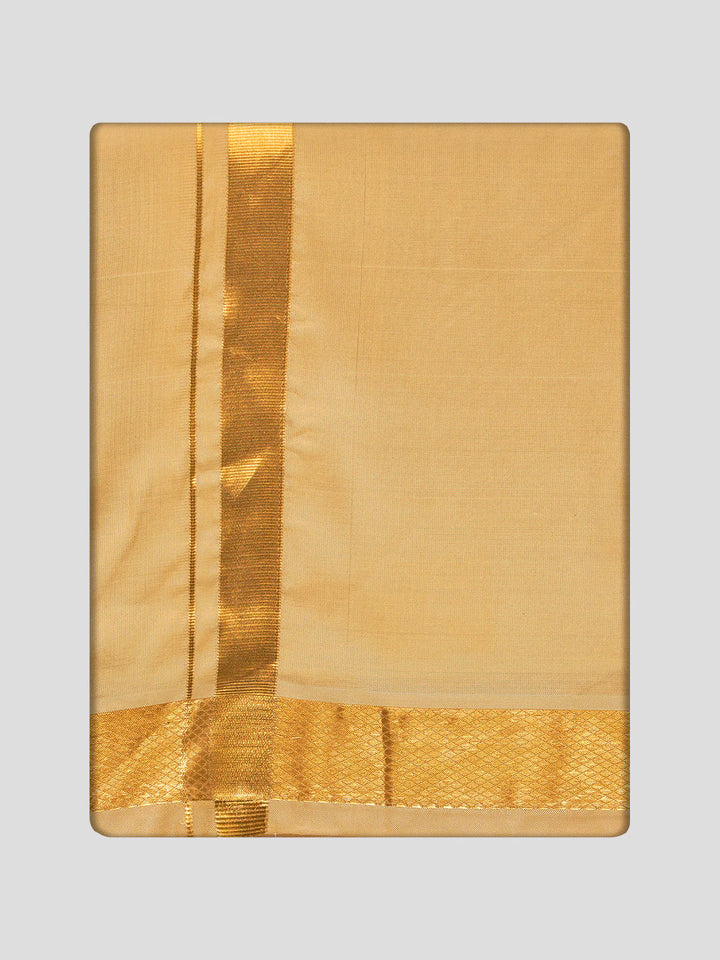 Men's Premium Art Silk Medium Gold Shirt Bit with Gold Jari Border Dhoti Towel Combo Wedding Wonders