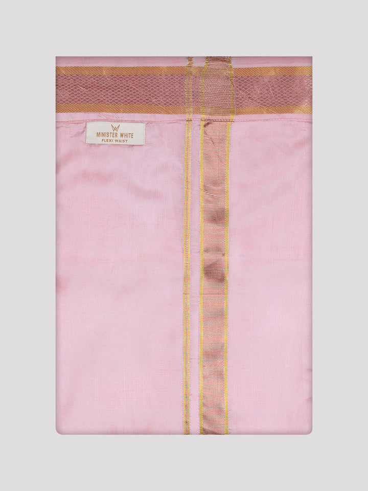 Men's Art Silk Pink Full Sleeves Shirt with Copper Jari Border Flexi Dhoti Combo Finesse