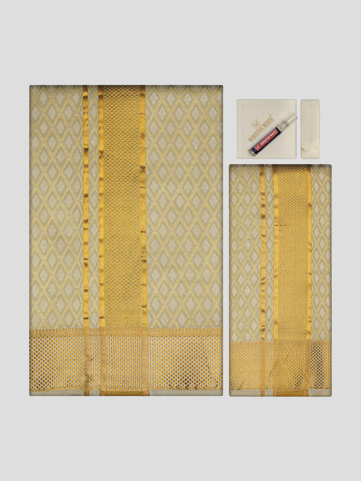 Men Art Silk Jacquard Fawn Full Sleeves Shirt with 2 1/2" Gold Jari Border & Towel Dhoti Combo Spruce