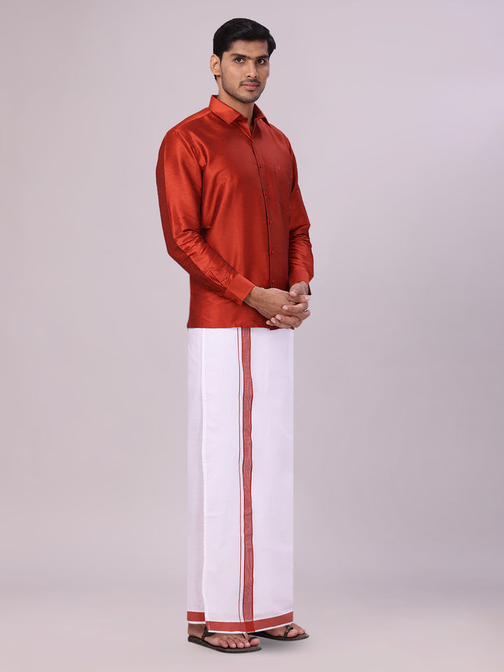 Men's Red Dupion Satin Shirt with Matching Border Dhoti Combo Gora side pose