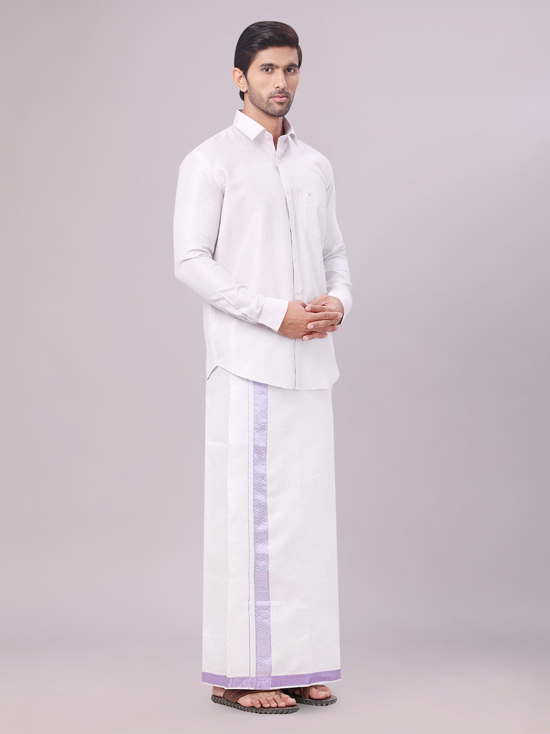 Men's Lavender Tissue Jacquard Shirt with Matching Dhoti Combo Zeus side pose