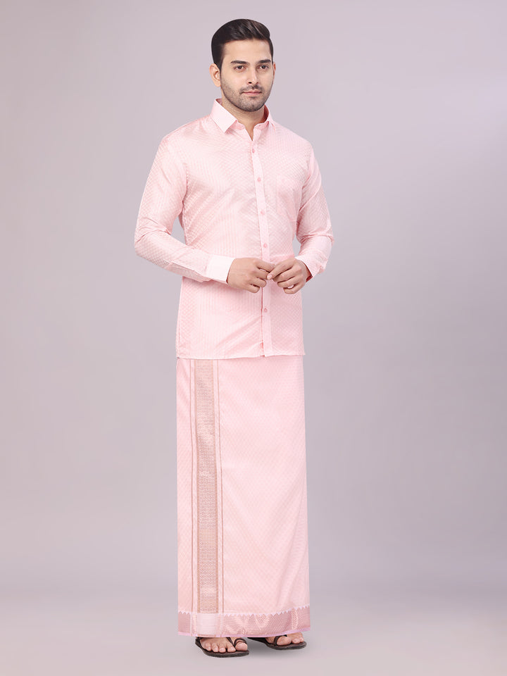 Men's Art Silk Pink Jacquard Full Sleeves Shirt with 2 1/2" Jari Border & Towel Dhoti Combo Nautica