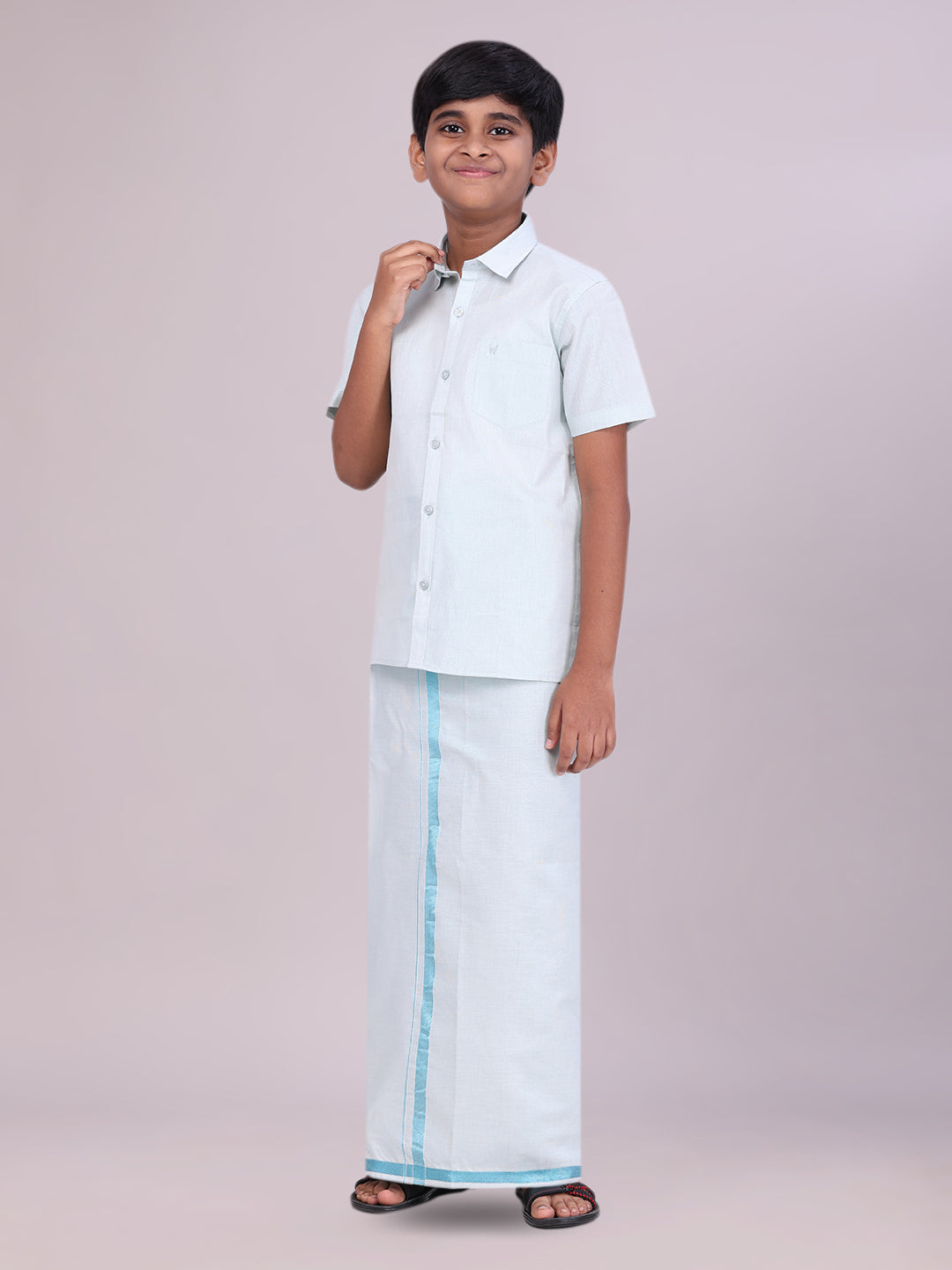Boys Tissue Mint Blue Colour Shirt with Dhoti Combo side pose