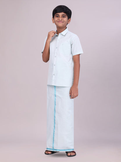 Boys Tissue Mint Blue Colour Shirt with Dhoti Combo side pose