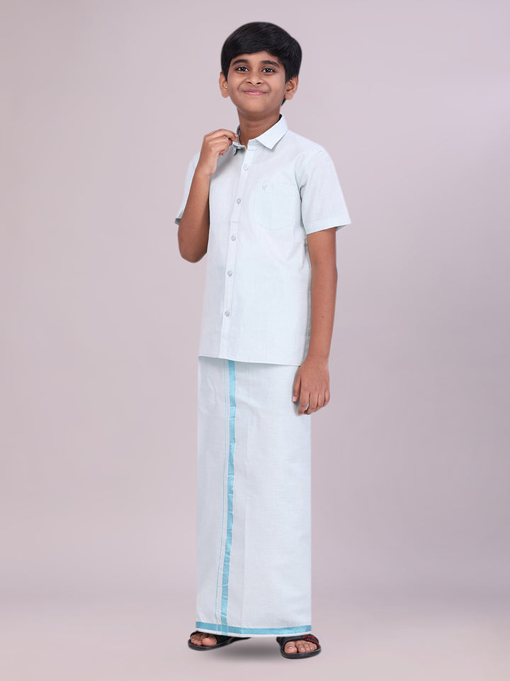 Boys Tissue Mint Blue Colour Shirt with Dhoti Combo side pose