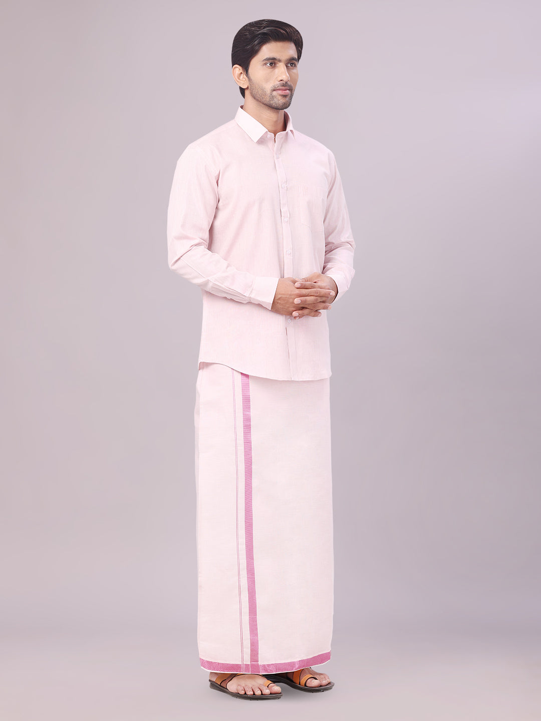 Men's Tissue Rose Color Dhoti Shirt Wedding Combo Maverick side pose