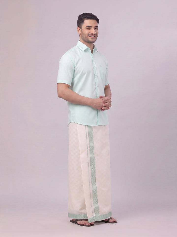 Men's Cotton Sea Green Shirt and Airtex Matching Border Dhoti Combo Nector