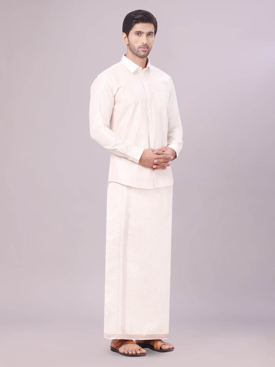 Men's Tissue Almond Colour Dhoti Shirt Wedding Combo Maverick side pose