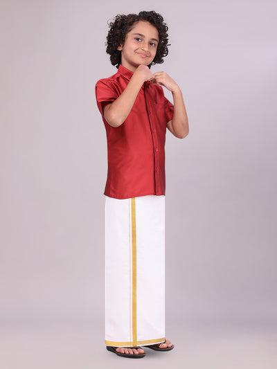 Boys Art Silk Red Half Sleeves Shirt with Gold Jari Flexi Dhoti Towel Combo side pose