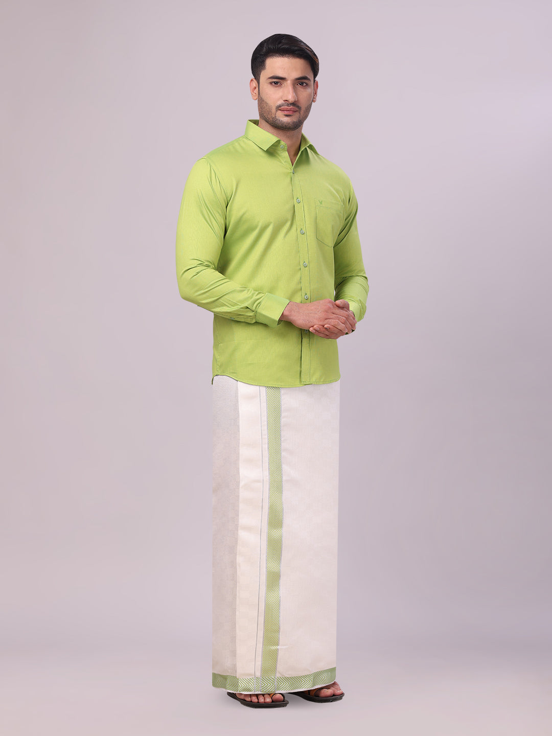 Mens Cotton Parrot Green Shirt and Airtex Matching Border Dhoti Combo Nector