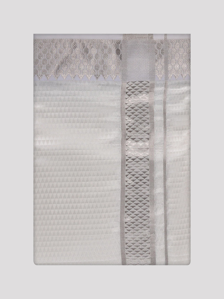 Men's Art Silk Off White Full Sleeves Shirt with 2 1/2" Silver Jari Border Dhoti Combo Nautica