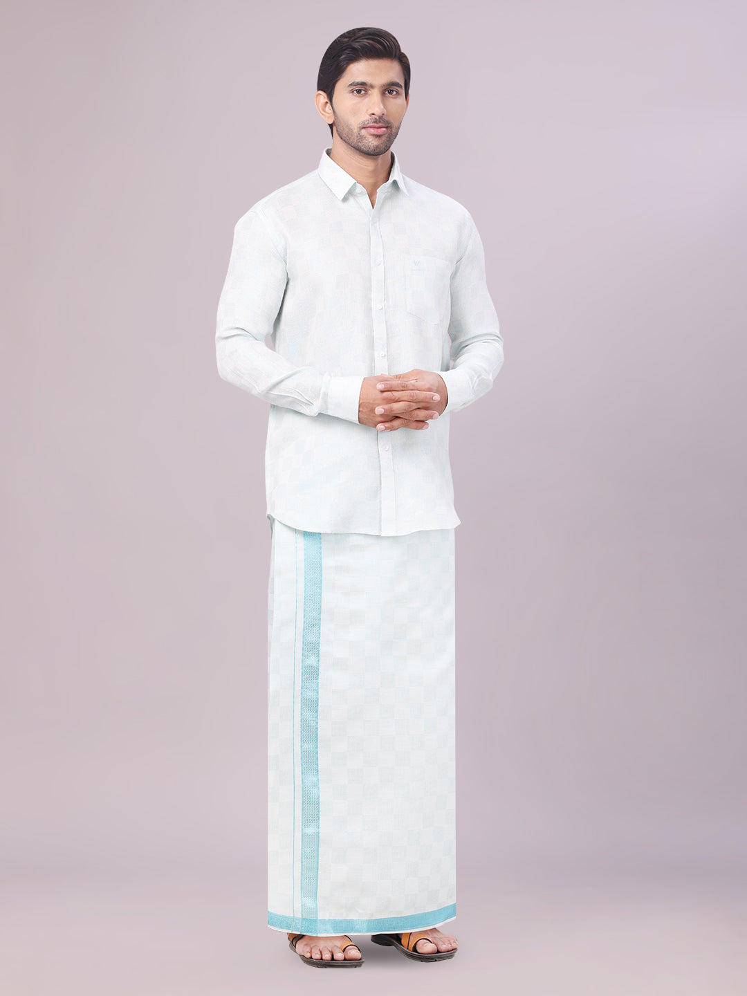 Men's Mint Blue Tissue Jacquard Shirt with Matching Dhoti Combo Zeus side pose