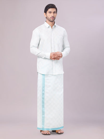 Men's Mint Blue Tissue Jacquard Shirt with Matching Dhoti Combo Zeus side pose