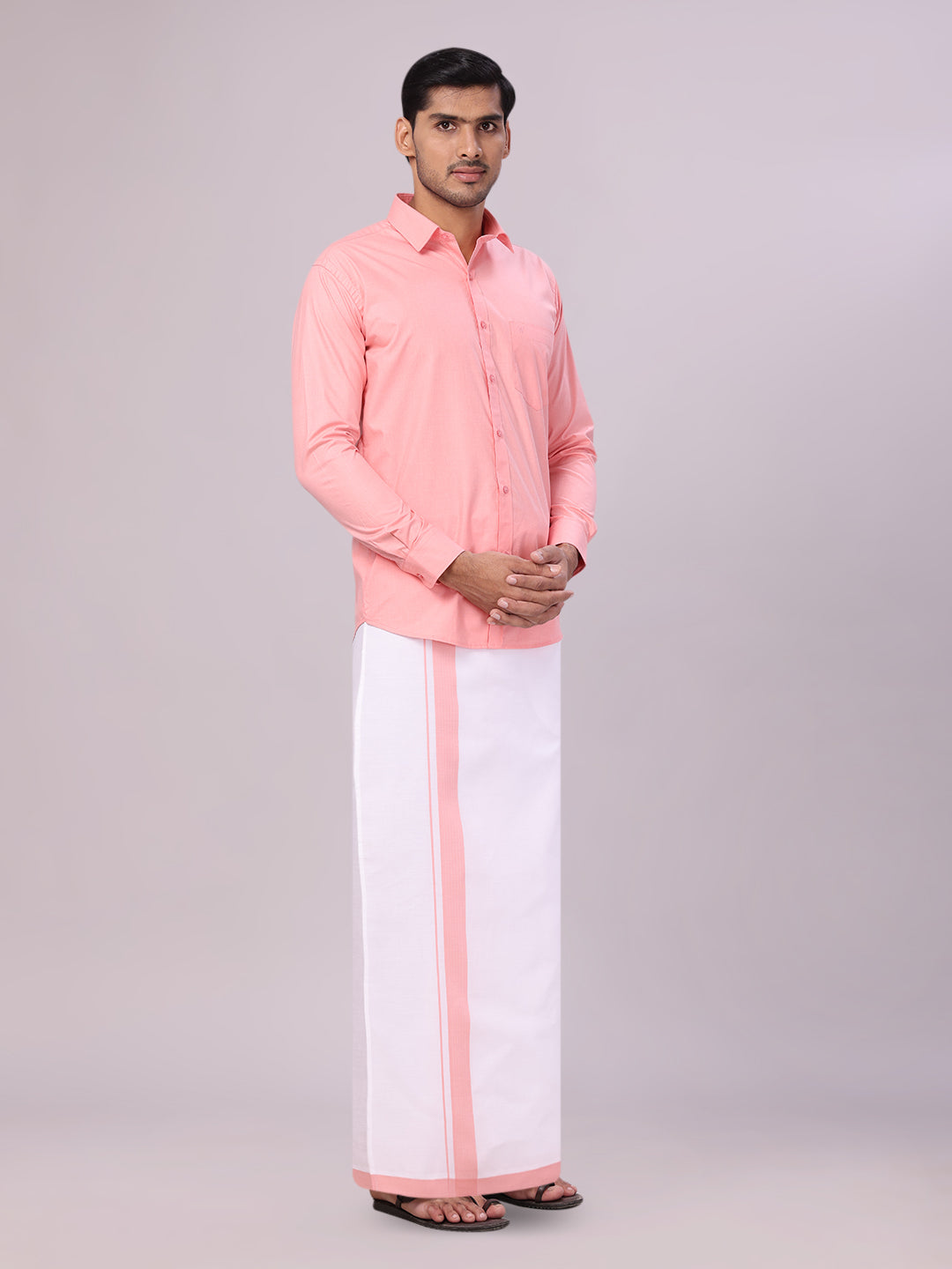 Mens Light Pink Color Shirt with Matching Border Dhoti Combo Casper