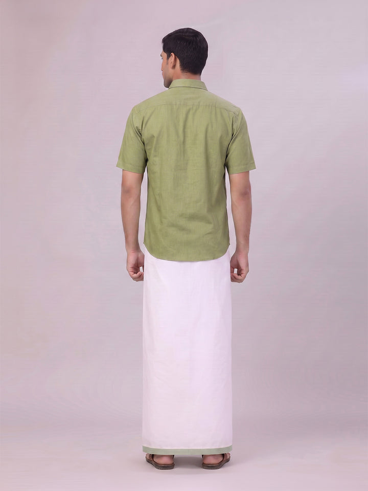 Mens Light Green Color Shirt with Matching Border Dhoti Combo Casper