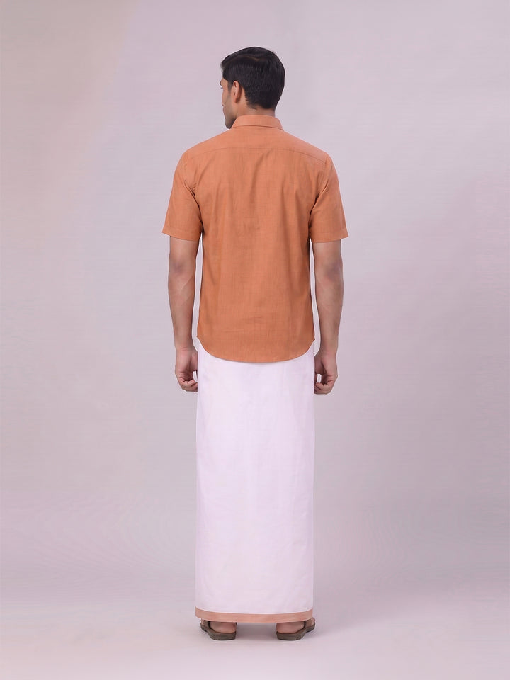 Mens Brown Color Shirt with Matching Border Dhoti Combo Casper