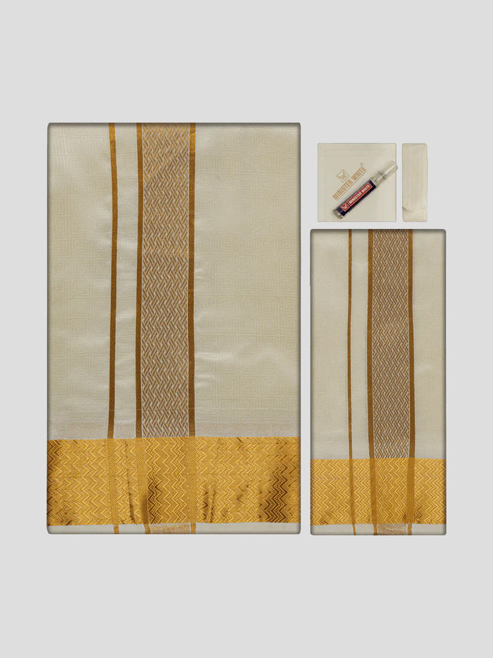 Men's Art Silk Cream Jacquard Full Sleeves Shirt with 2 1/2" Gold Jari Border & Towel Dhoti Combo Nautica