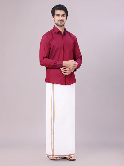 Mens Medium Wine Shirt with Matching Border Dhoti Combo Pinto