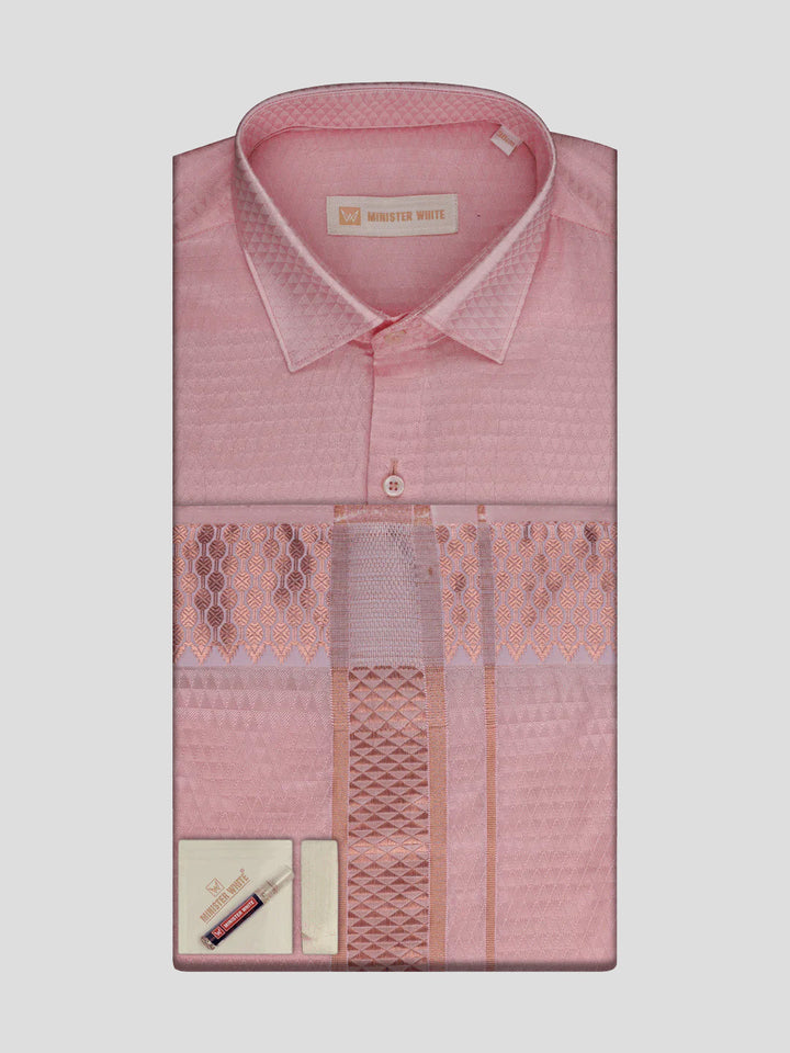 Men's Art Silk Pink Jacquard Full Sleeves Shirt with 2 1/2"  Copper Jari Border & Towel Dhoti Combo Nautica