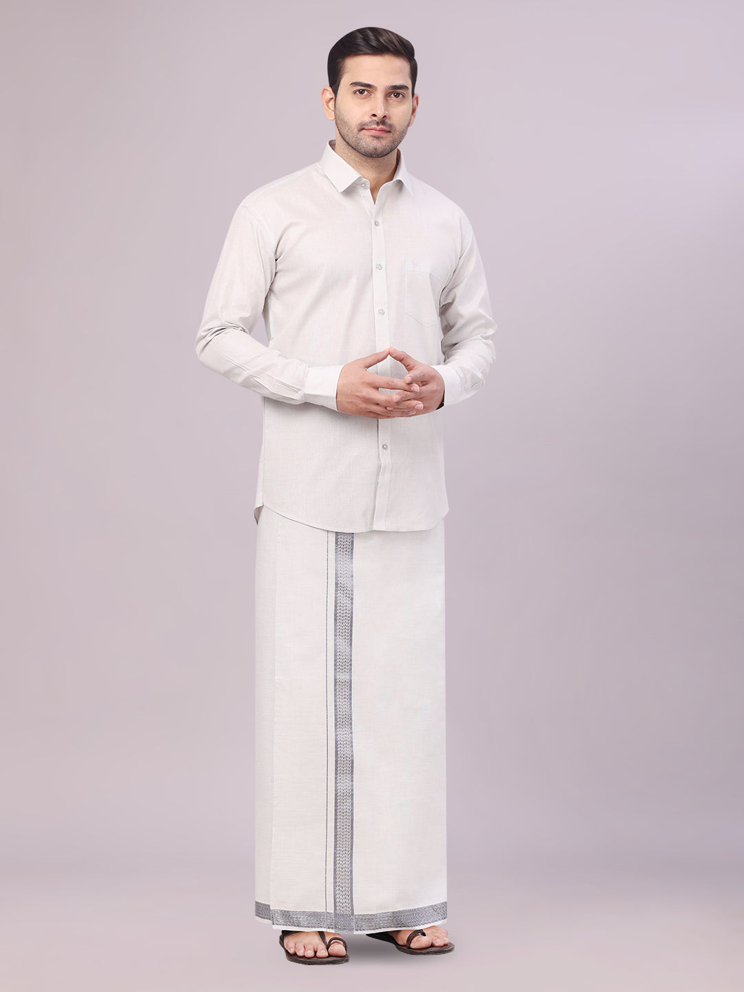 Men's Tissue Grey Shirt with Jacquard Fancy Border Flexi Dhoti Wedding Combo Nios side pose