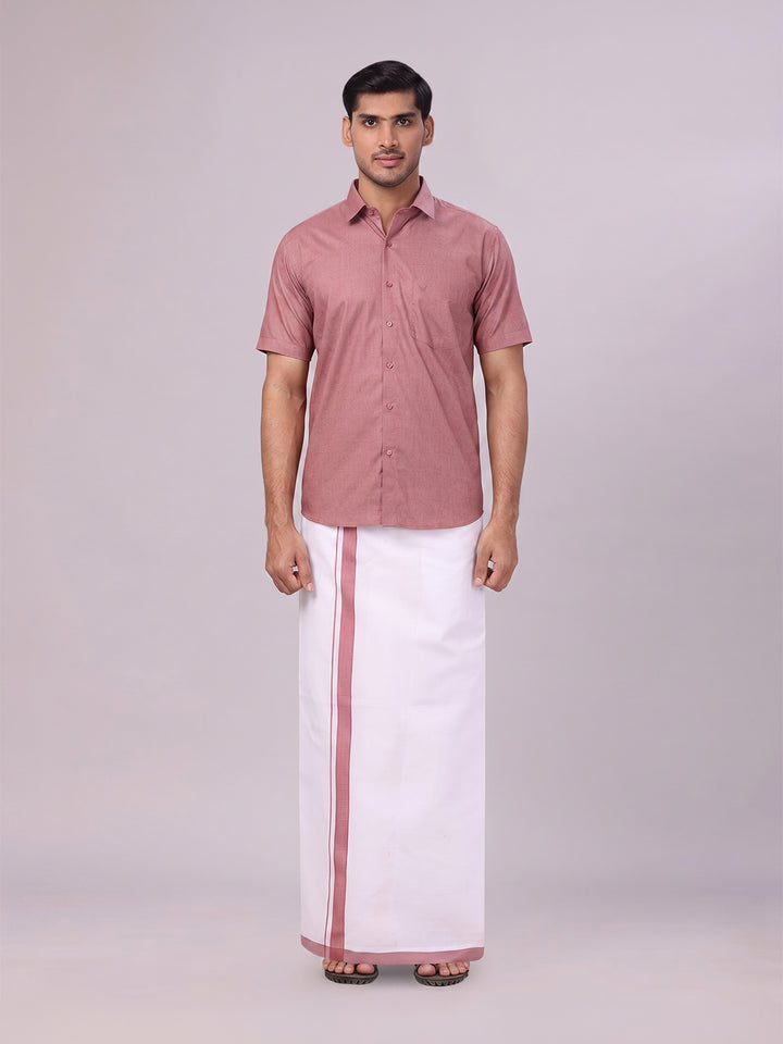 Mens Light Maroon Color Shirt with Matching Border Dhoti Combo Casper