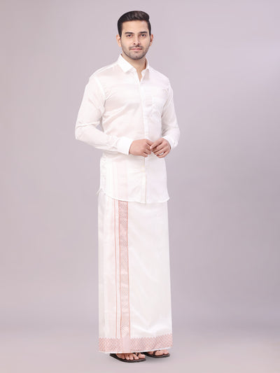 Men's Art Silk Half White Full Sleeves Shirt with 2 1/2" Copper Jari Border Dhoti Combo Neogen side pose