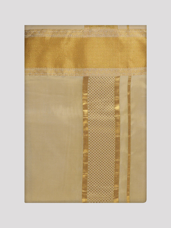 Mens Art Silk Mango Gold Full Sleeves Shirt with 3 1/2" Gold Jari Border Dhoti Combo Mangal