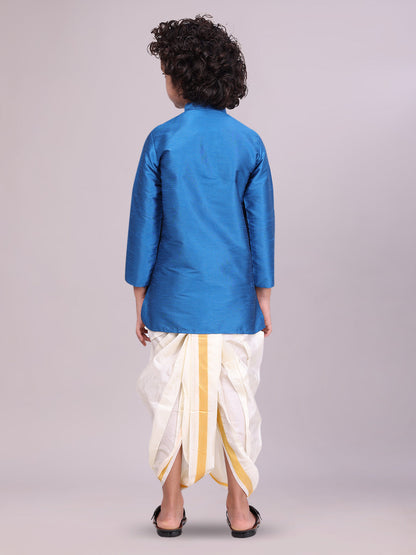Boys Blue Colour Kurtha with Gold Jari Panchakacham Combo Chitrang back pose