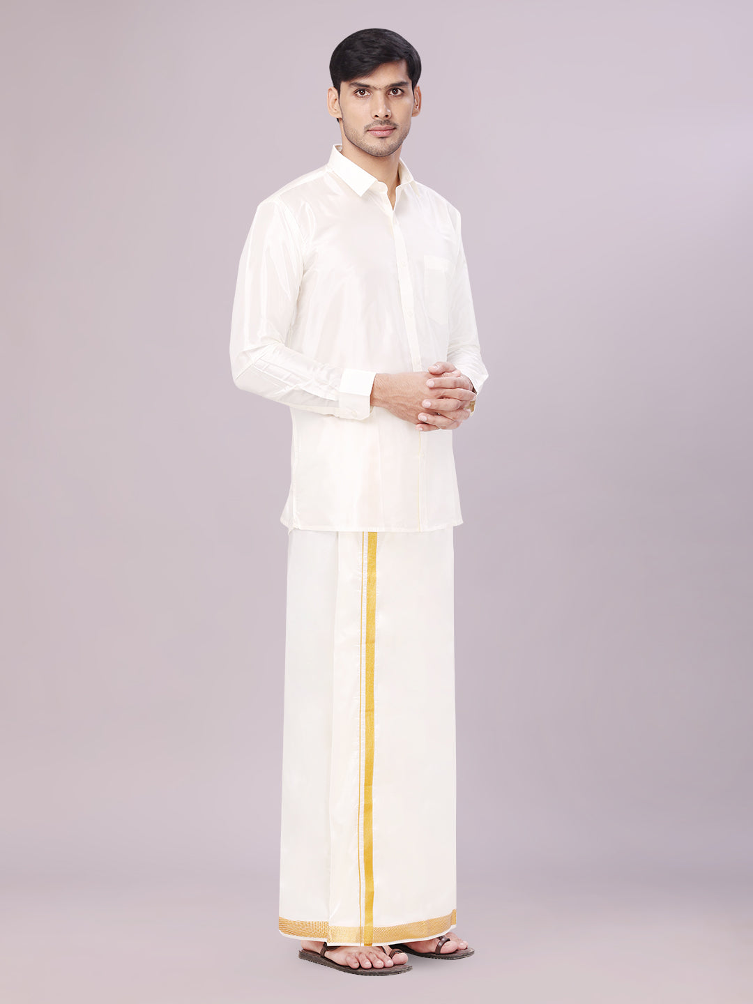 Men's Art Silk Wedding Cream Shirt, Dhoti, Nerial with Belt Combo - Boopalan Cream side pose