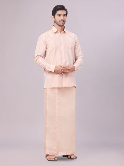 Mens Art Silk Light Copper Full Sleeves Shirt with Copper Jari Border Dhoti Combo Finesse