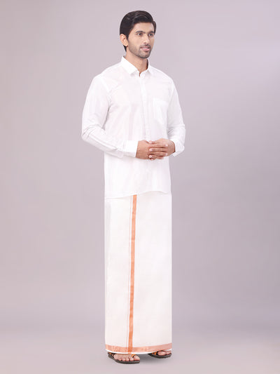 Men's Art Silk Half White Full Sleeves Shirt with Copper Jari Border Dhoti Combo Finesse side pose