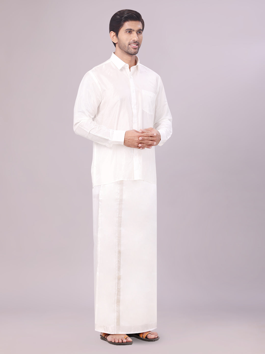 Men's Art Silk Half White Full Sleeves Shirt with Silver Jari Border Dhoti Combo Finesse side pose