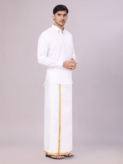 Men's Pure Cotton Wedding White Shirt with Flexi Waist Gold Jari Dhoti and Towel Combo - Anandham White side pose