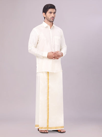 Mens Art Silk Cream Full Sleeves Shirt with 50k Gold Jari Border Dhoti Combo Finesse