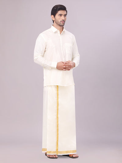 Men's Art Silk Cream Full Sleeves Shirt with 50k Gold Jari Border Dhoti Combo Finesse