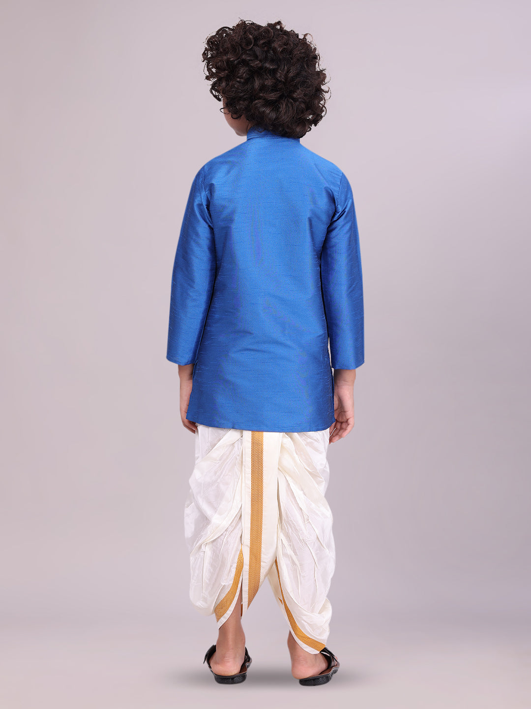 Boys Dark Blue Colour Kurtha with Gold Jari Panchakacham Combo Chitrang back pose