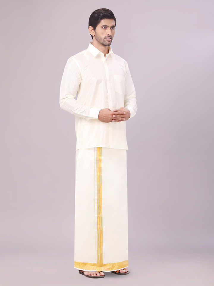 Mens Art Silk Cream Full Sleeves Shirt with 100K Gold Jari Border Dhoti & Towel Combo Blush