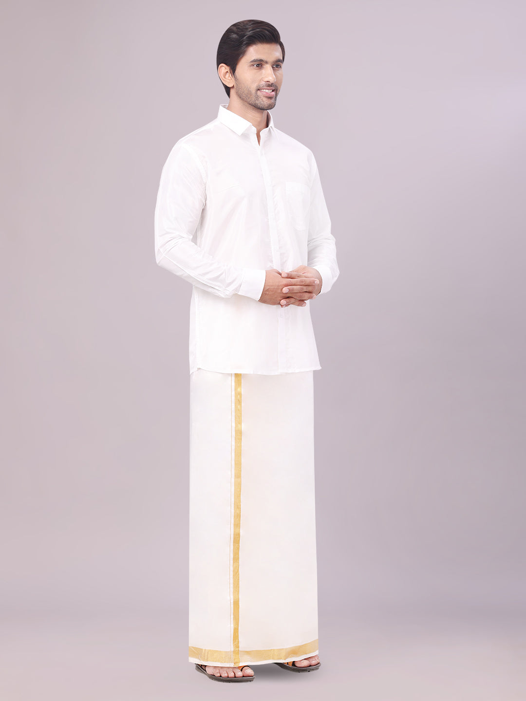 Mens Art Silk Half White Full Sleeves Shirt with 70k Gold Jari Border Dhoti Combo Finesse