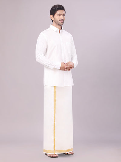 Men's Art Silk Half White Full Sleeves Shirt with 70k Gold Jari Border Dhoti Combo Finesse side pose