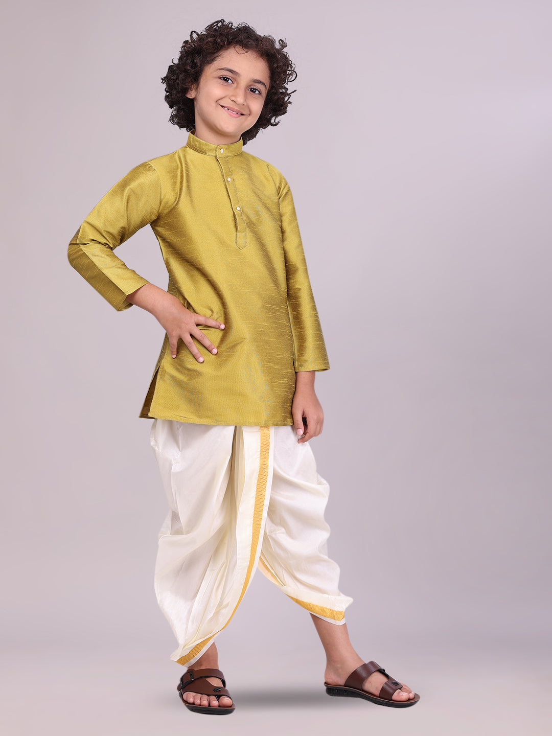 Boys Light Green Colour Kurtha with Gold Jari Panchakacham Combo Chitrang side pose