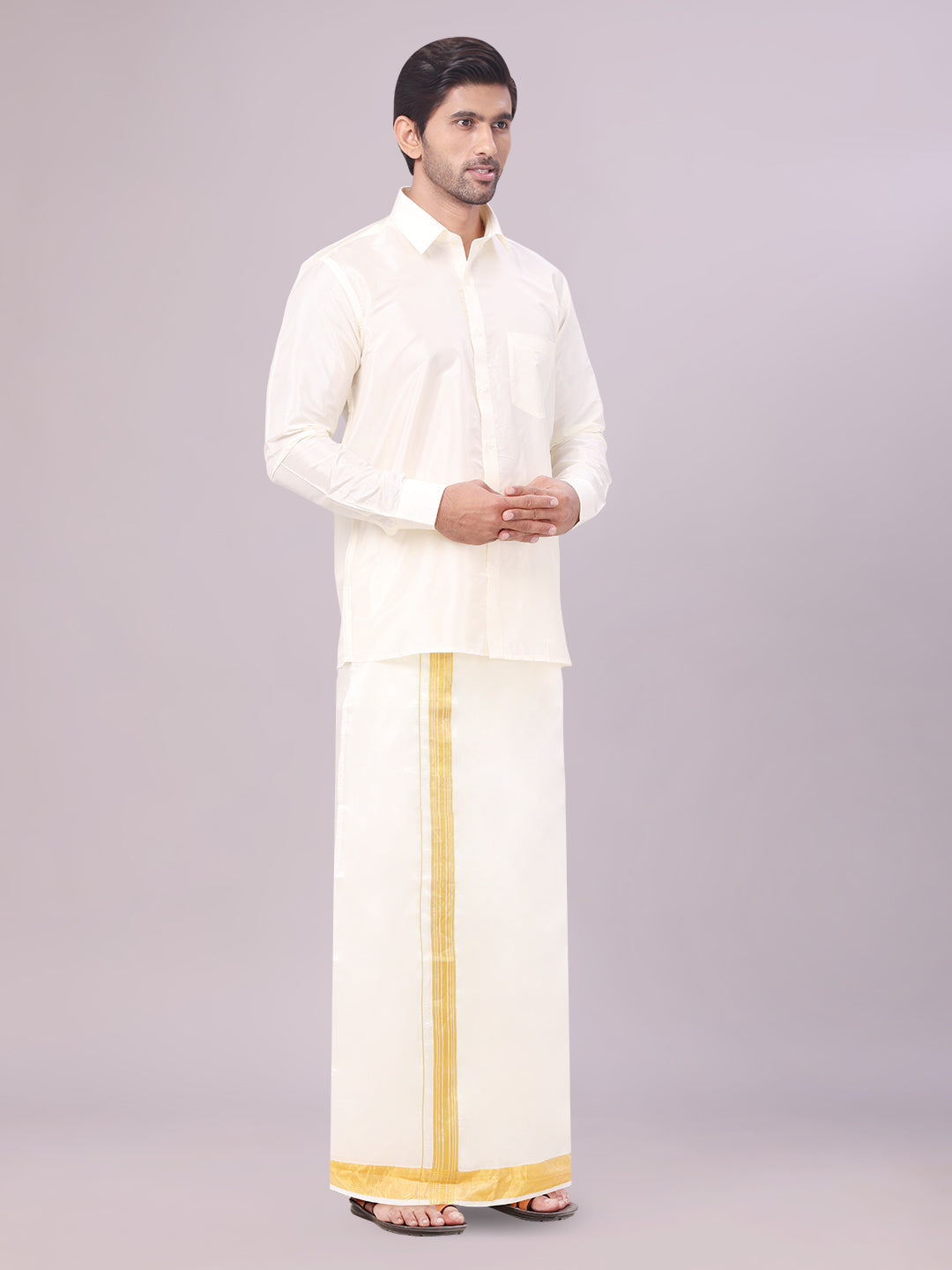 Mens Art Silk Cream Full Sleeves Shirt with 100k Gold Jari Border Dhoti Combo Finesse