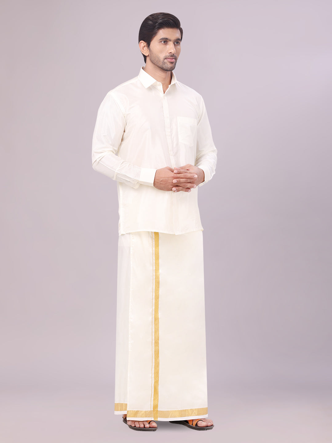 Mens Art Silk Cream Full Sleeves Shirt with 50K Gold Jari Border Dhoti & Towel Combo Blush