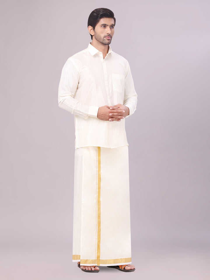 Mens Art Silk Cream Full Sleeves Shirt with 50K Gold Jari Border Dhoti & Towel Combo Blush