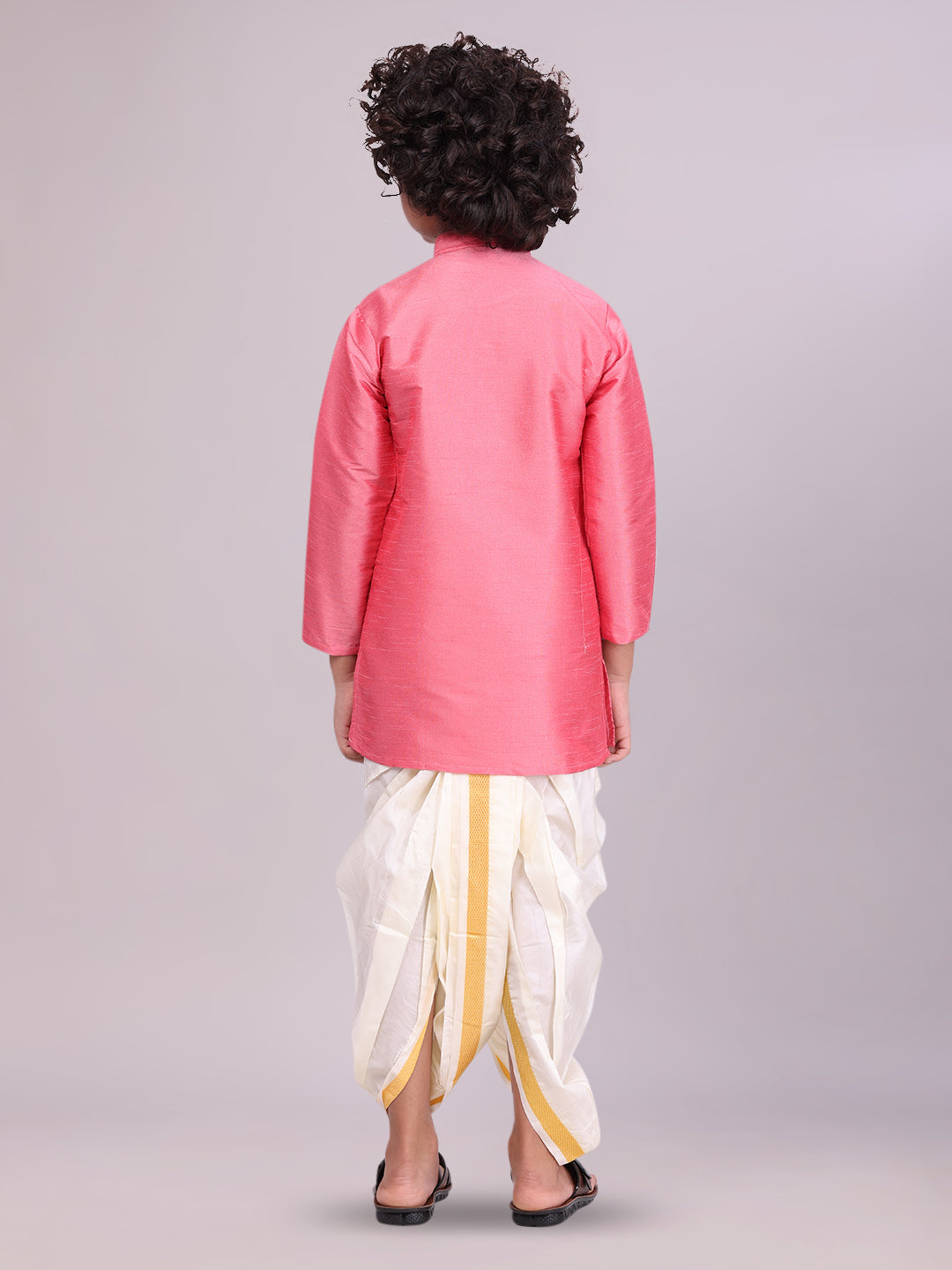 Boys Pink Colour Kurtha with Gold Jari Panchakacham Combo Chitrang back pose