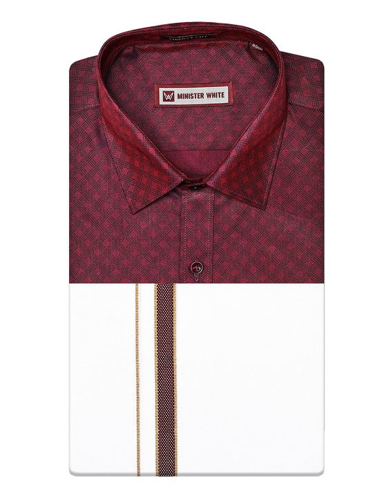 Men's Cotton Wine Color Printed Regular Fit Shirt with Matching Border Dhoti Posh